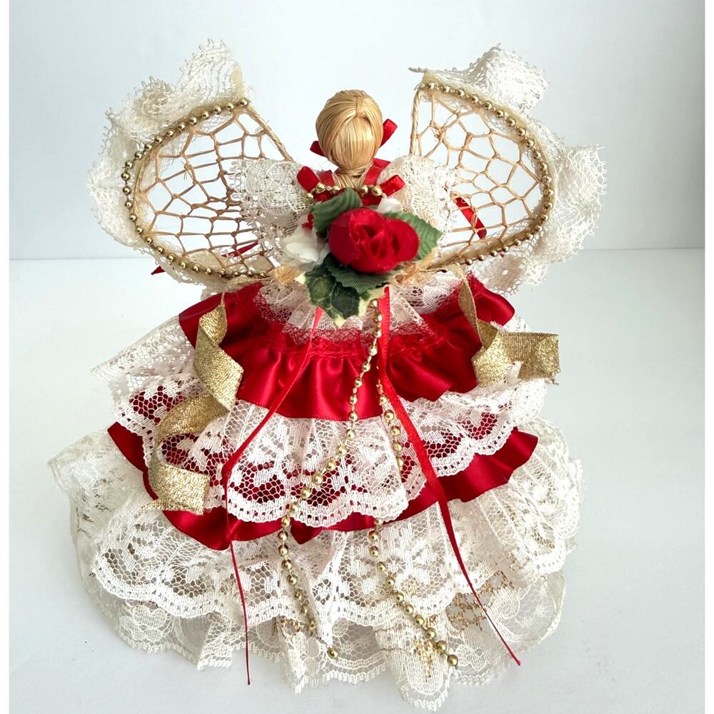 Vintage Straw Raffia Christmas Tabletop Angel with Ribbons, Pearls, Lace 1995